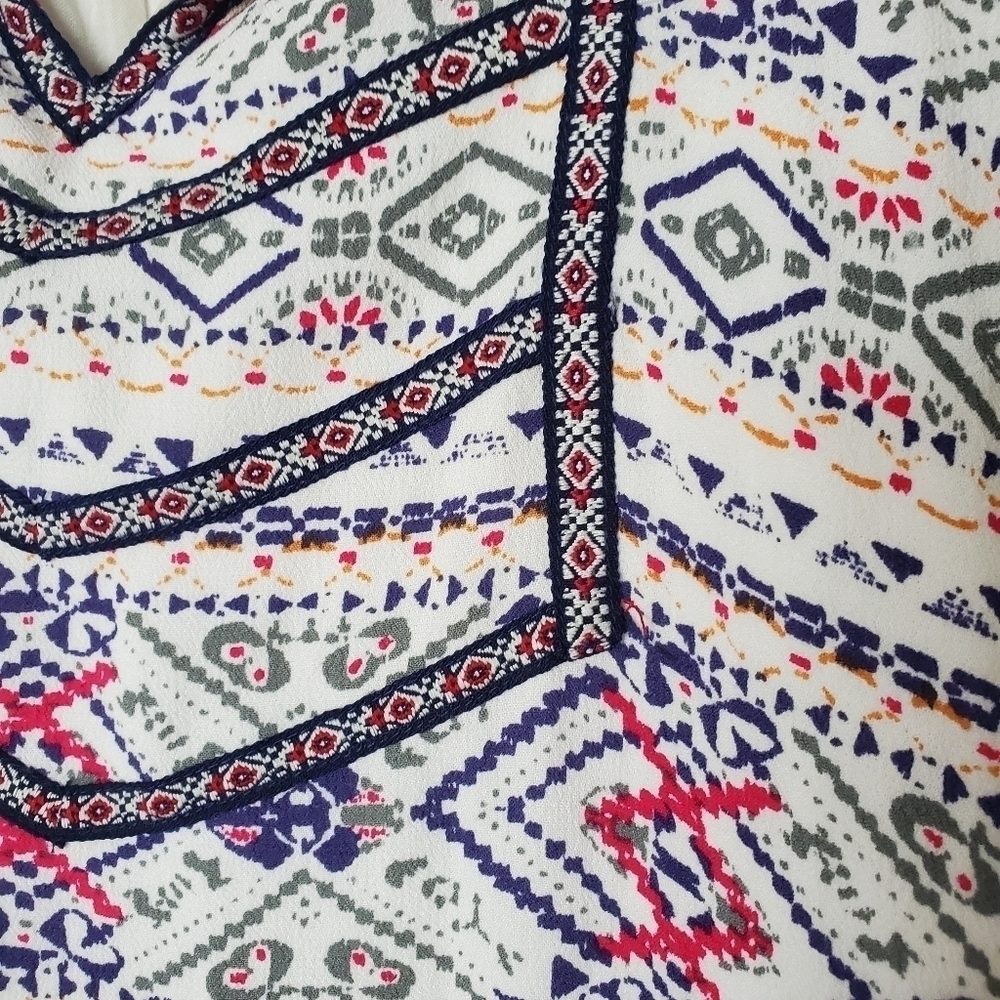 Anthropologie Cream Boho Printed Shift Dress with Pink & Blue Accents - Picture 8 of 13